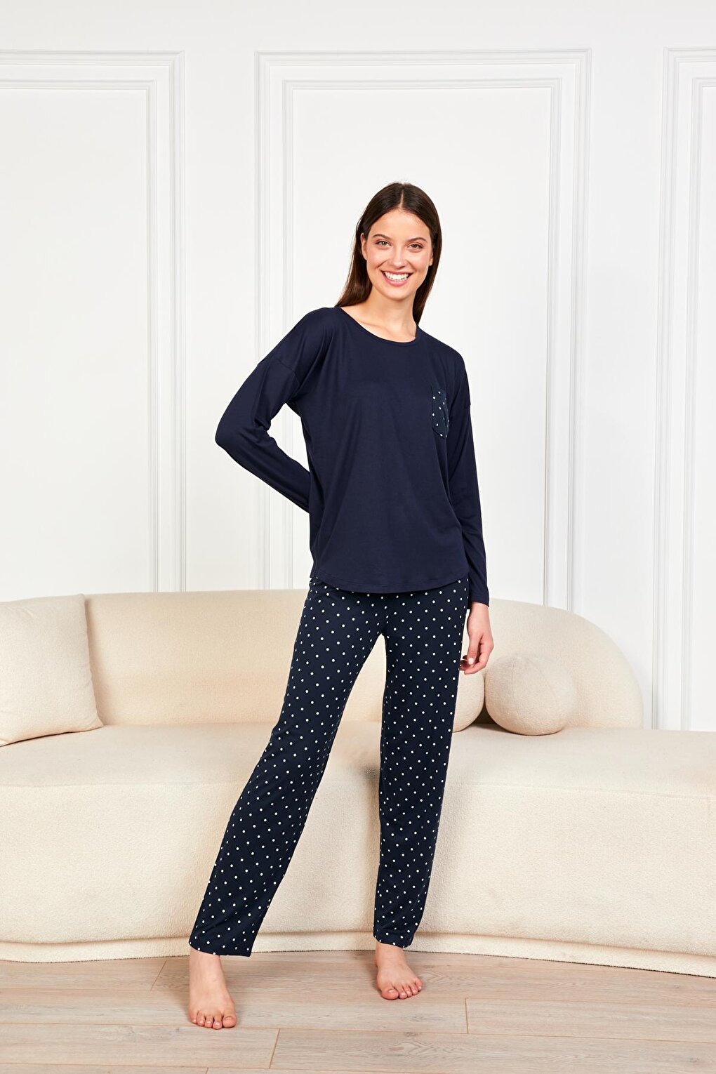 Women's Navy Blue Polka Dot T.Shrt 2 Pack Tkm 7606 PJM