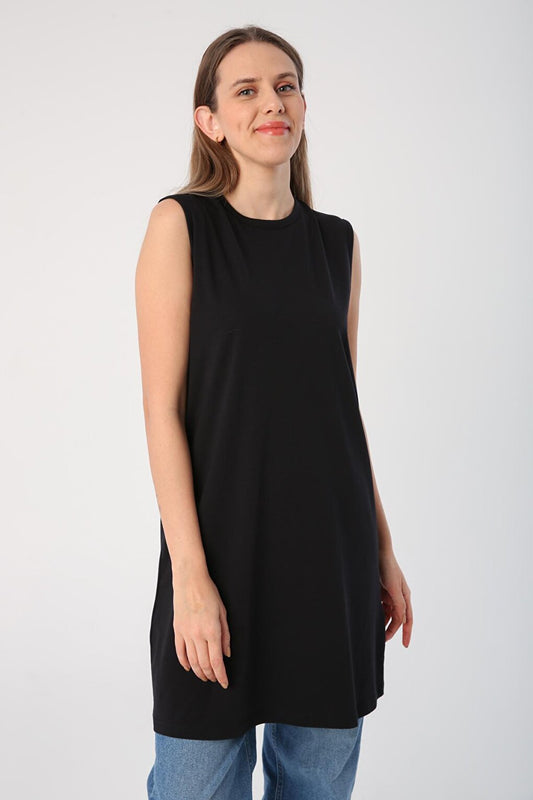 Black Cotton Collar Piping Sleeveless Tunic