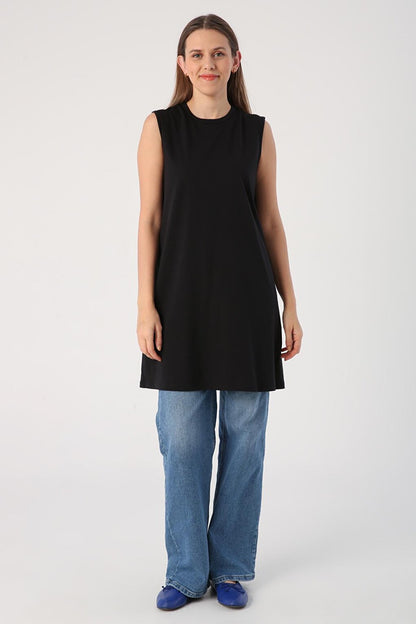 Black Cotton Collar Piping Sleeveless Tunic