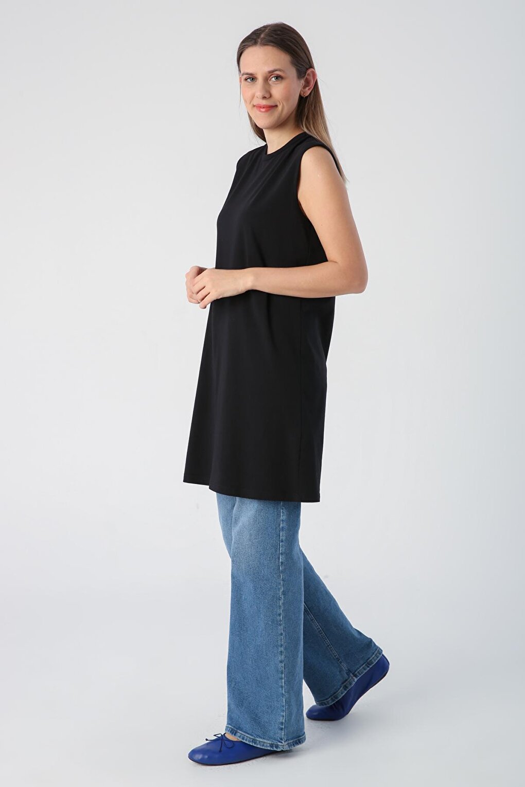 Black Cotton Collar Piping Sleeveless Tunic