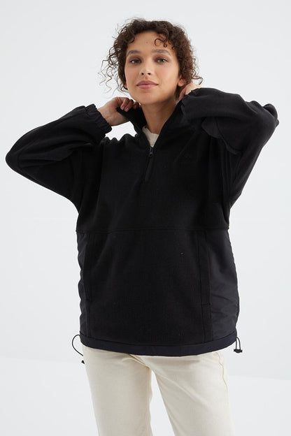 Black Half Zipper Hem Gathered High Collar Oversize Women's Fleece Sweatshirt - 97236