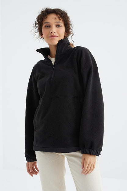 Black Half Zipper Hem Gathered High Collar Oversize Women's Fleece Sweatshirt - 97236