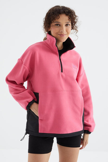 Candy Pink Half Zipper Hem Gathered High Collar Oversize Women's Fleece Sweatshirt - 97236