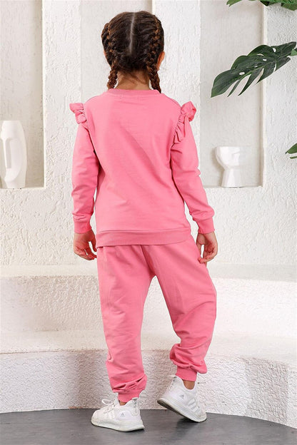 Girl's Pink Color Crew-Neck Double Suit with Ruffles on Shoulders