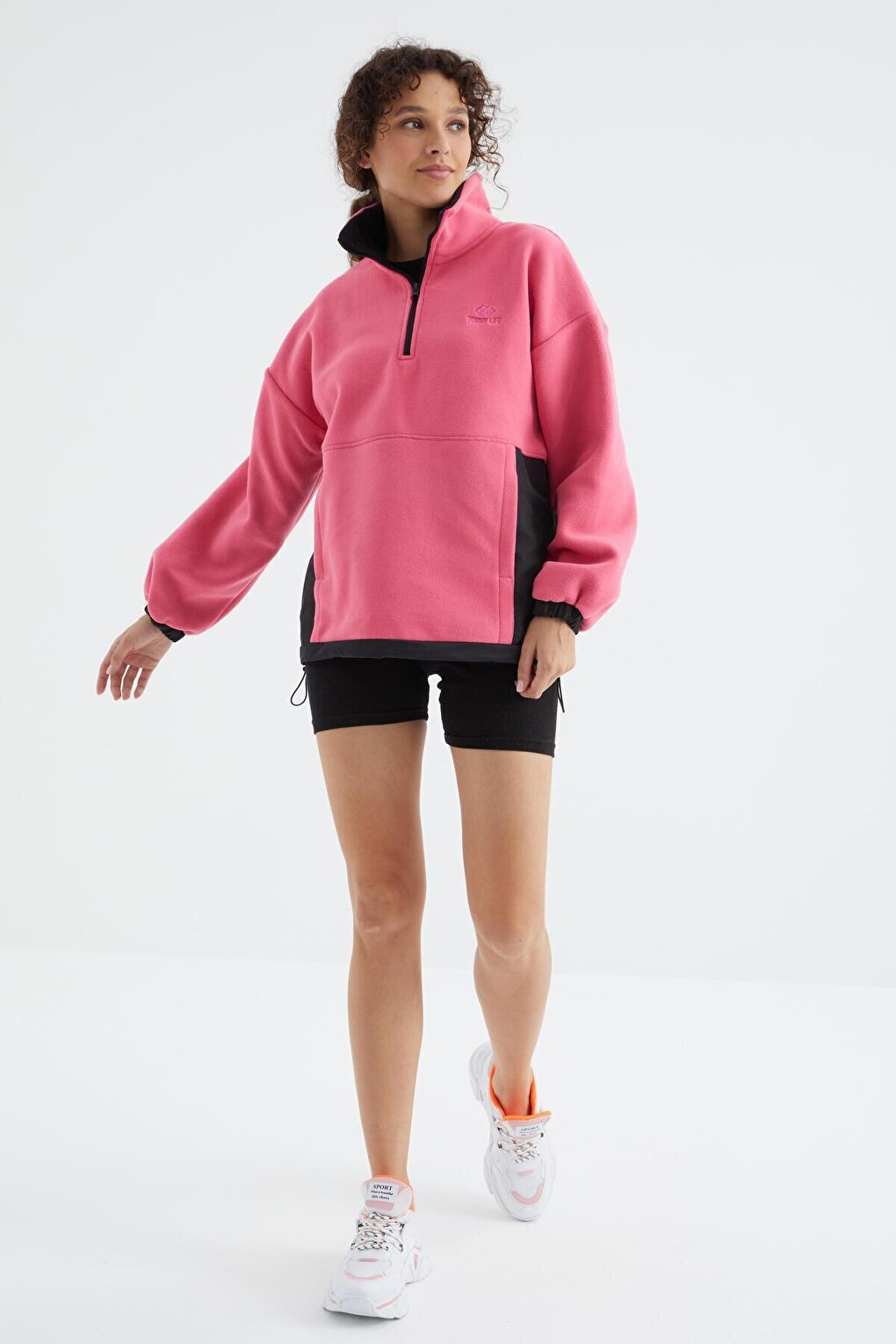 Candy Pink Half Zipper Hem Gathered High Collar Oversize Women's Fleece Sweatshirt - 97236