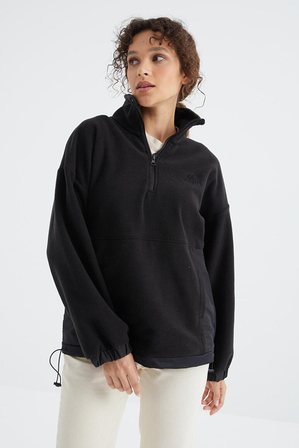 Black Half Zipper Hem Gathered High Collar Oversize Women's Fleece Sweatshirt - 97236