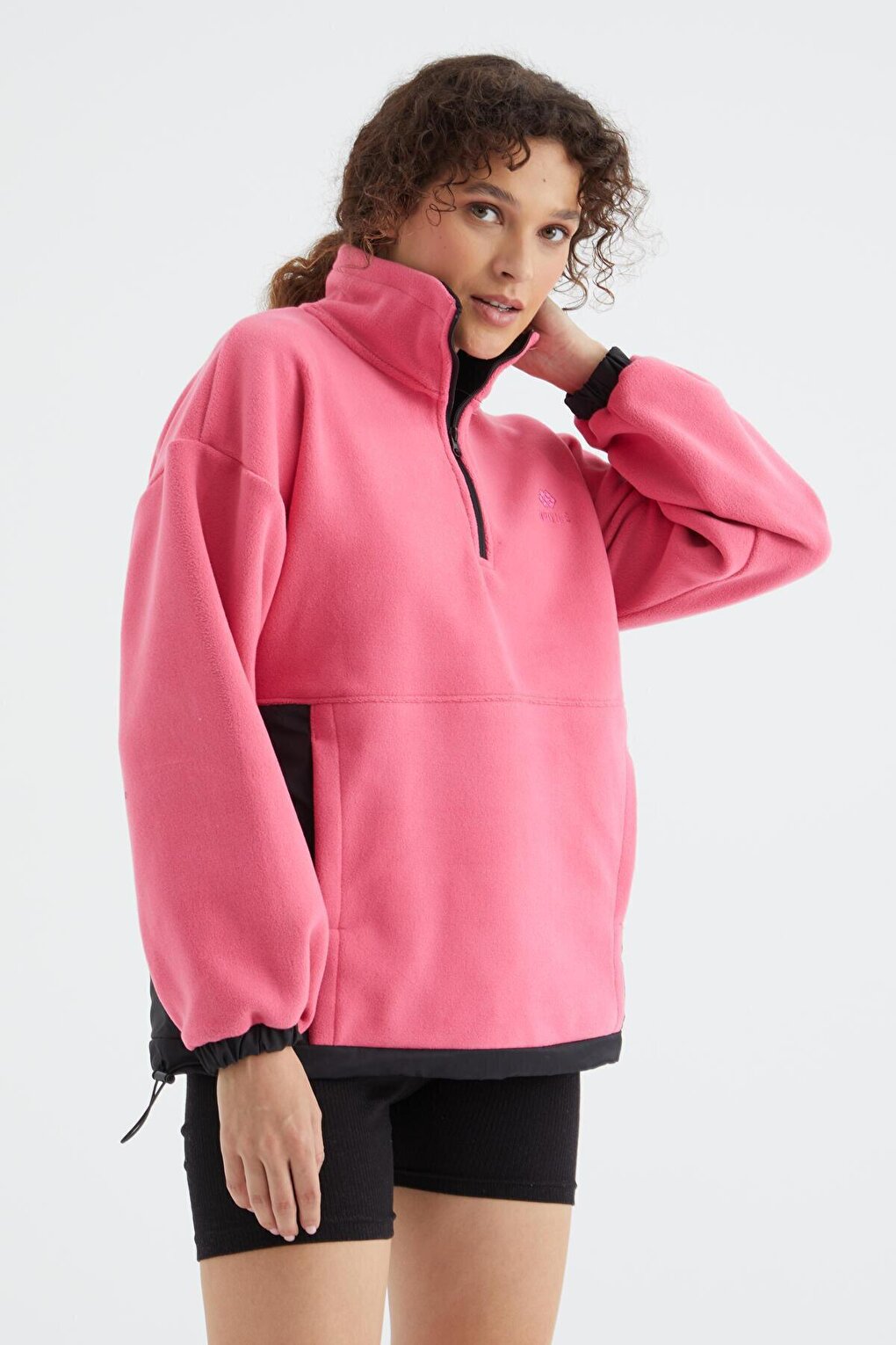 Candy Pink Half Zipper Hem Gathered High Collar Oversize Women's Fleece Sweatshirt - 97236