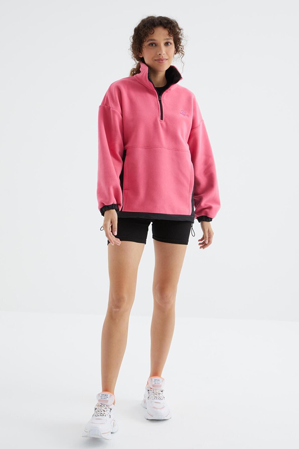 Candy Pink Half Zipper Hem Gathered High Collar Oversize Women's Fleece Sweatshirt - 97236