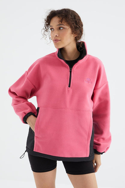 Candy Pink Half Zipper Hem Gathered High Collar Oversize Women's Fleece Sweatshirt - 97236