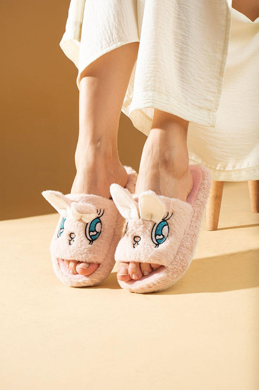 Cute Rabbit Open Front Fur Inside Thermal Sole Women's House Slippers P01-19-23Open