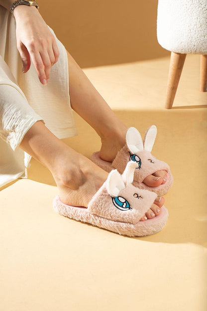 Cute Rabbit Open Front Fur Inside Thermal Sole Women's House Slippers P01-19-23Open