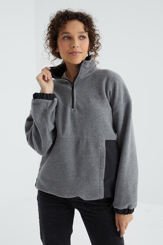 Gray Melange Half Zipper Hem Gathered High Collar Oversize Women's Fleece Sweatshirt - 97236