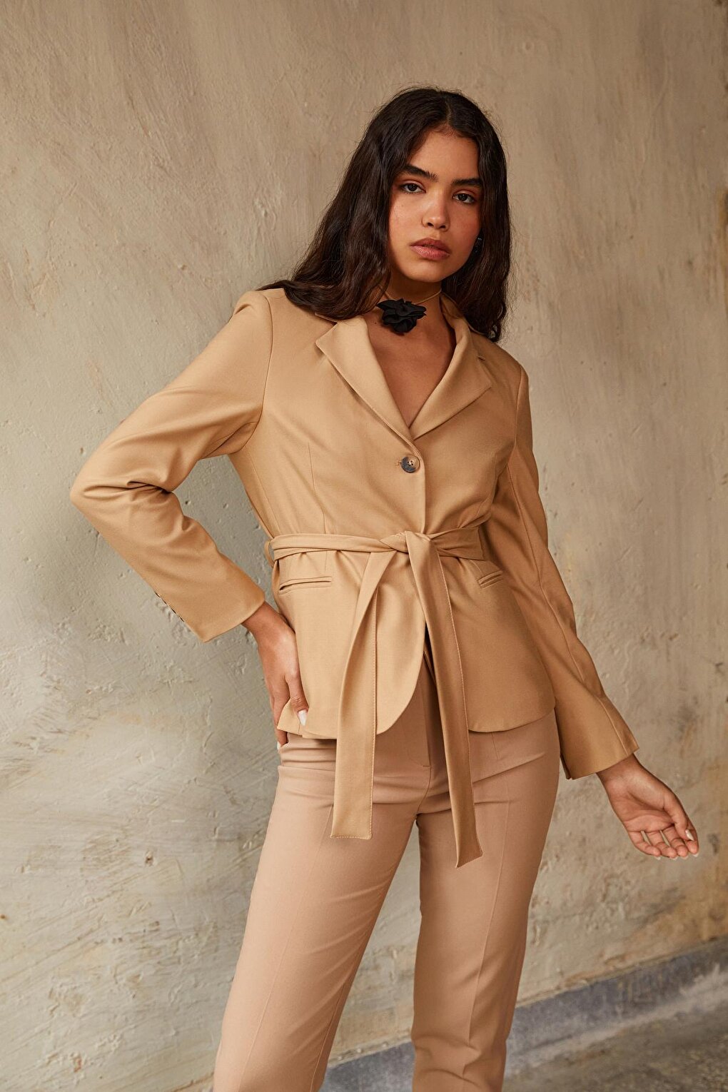 Women's Camel Belt Detailed Blazer Jacket