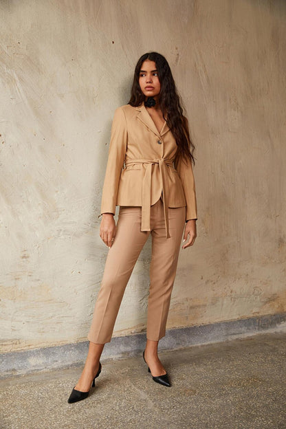 Women's Camel Belt Detailed Blazer Jacket