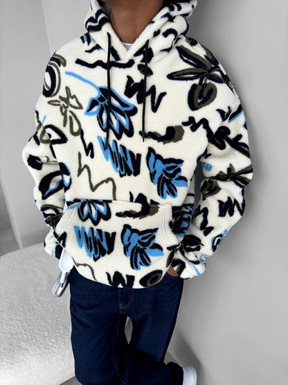 Oversize Patterned Hooded Plush Sweatshirt Ecru