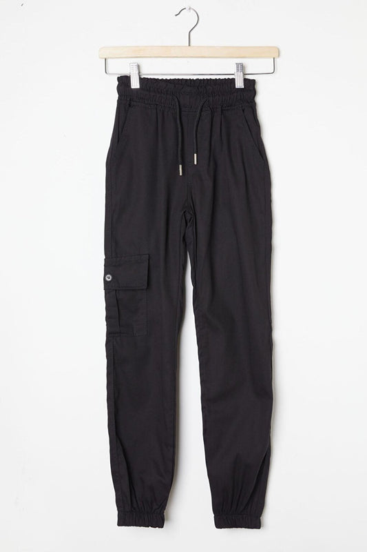 Black Cargo Pocket Elastic Waist Boy's Linen Trousers 16206