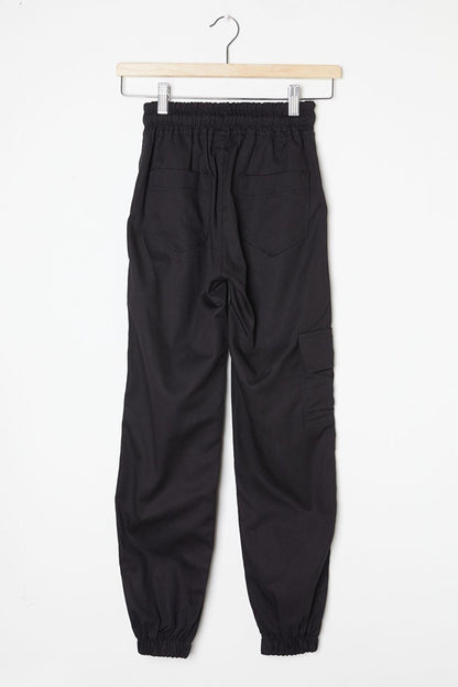 Black Cargo Pocket Elastic Waist Boy's Linen Trousers 16206