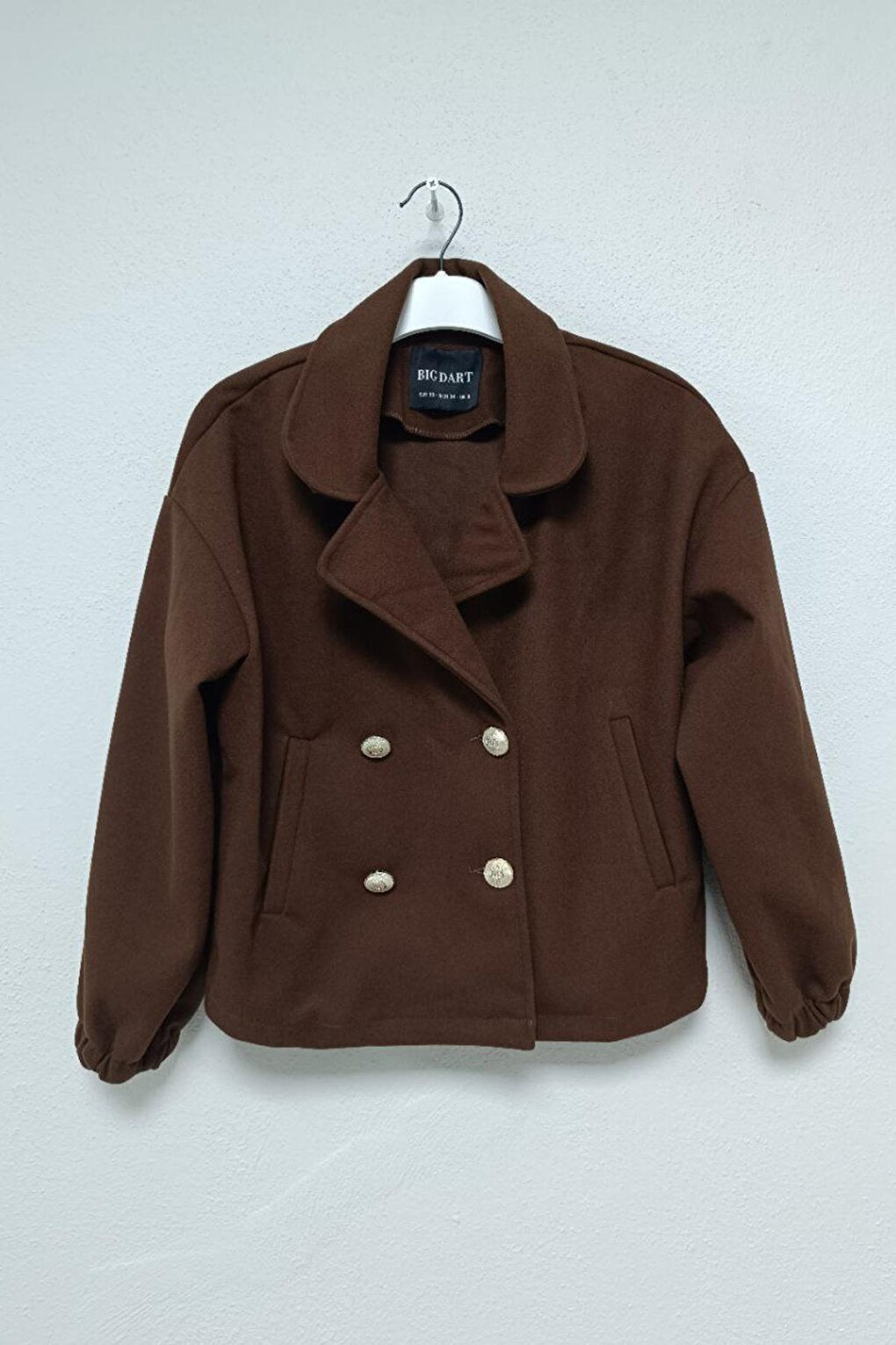 Women's Brown Double-Breasted Collar, Elasticized, Short Stitched Jacket