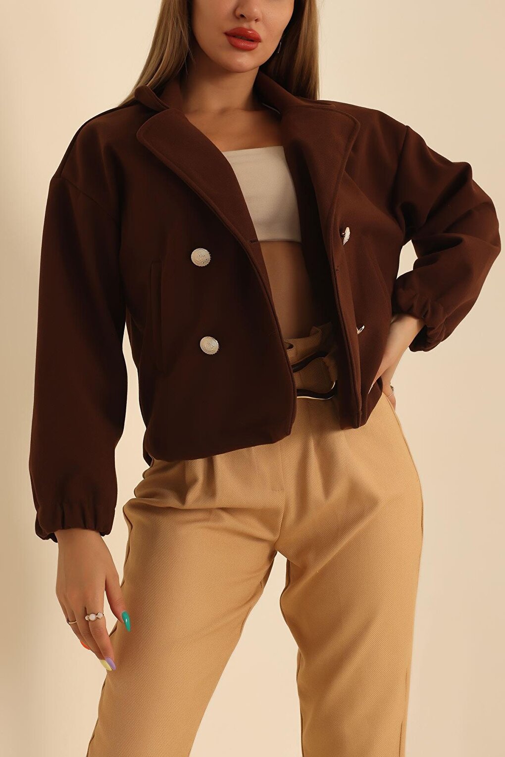 Women's Brown Double-Breasted Collar, Elasticized, Short Stitched Jacket