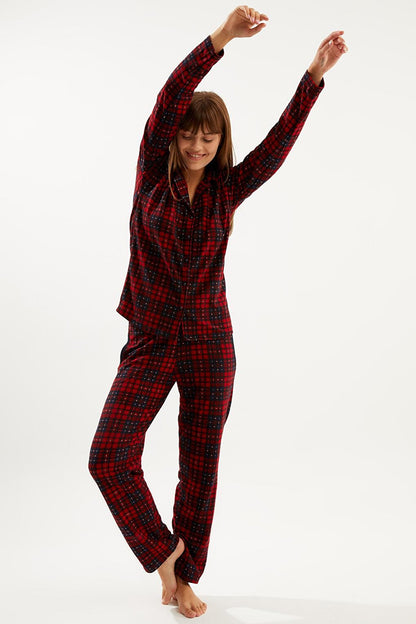 Red Black Plaid Suede Buttoned Baby Collar Long Sleeve Long Bottom Pajama Set