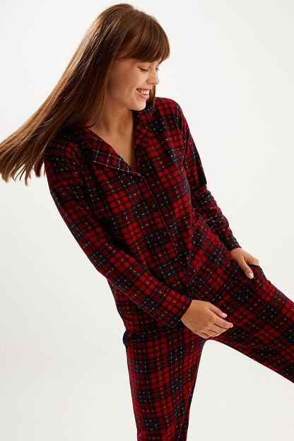 Red Black Plaid Suede Buttoned Baby Collar Long Sleeve Long Bottom Pajama Set