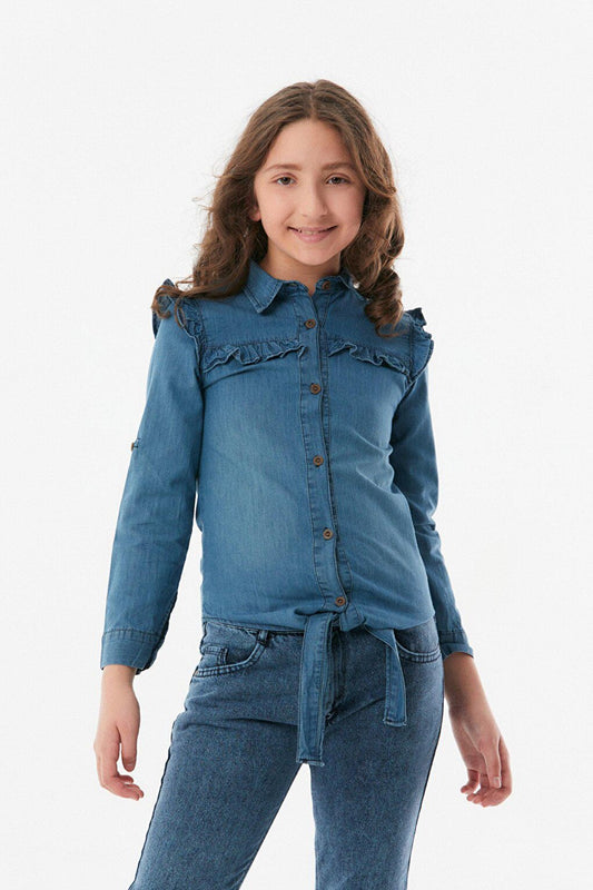 Tie-Front Ruffled Girl's Jean Shirt