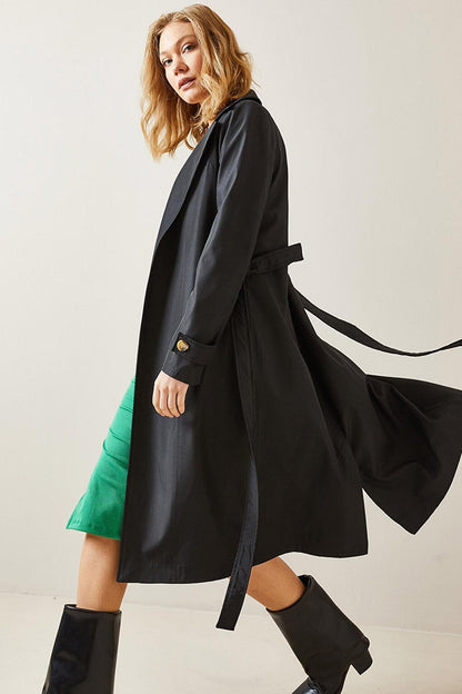 Black Double Breasted Collar Belted Trench Coat