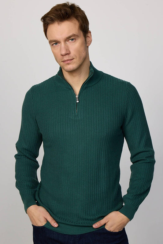 Slim Fit Narrow Cut High Collar Zippered Patterned Green Men's Knitwear Sweater