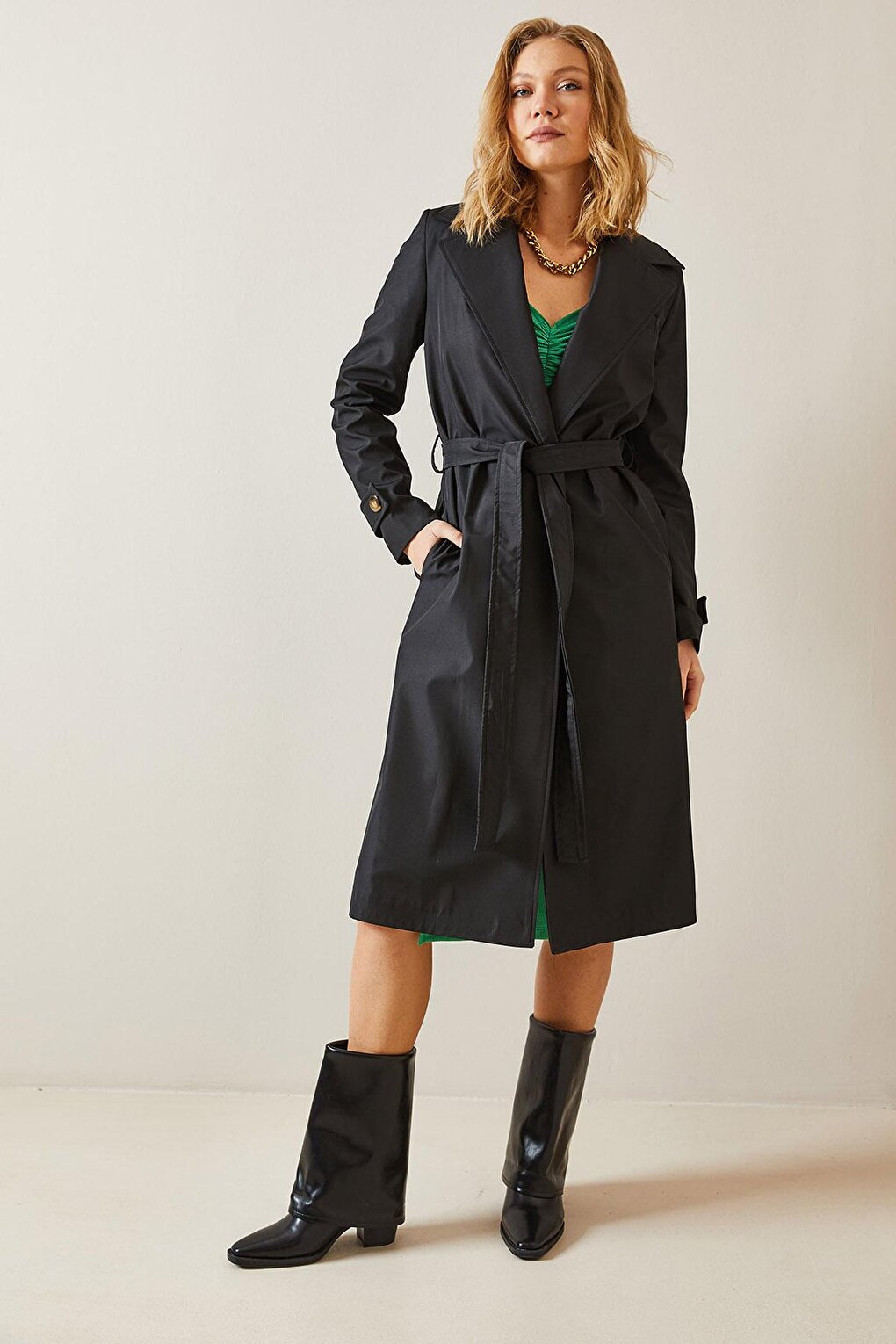 Black Double Breasted Collar Belted Trench Coat