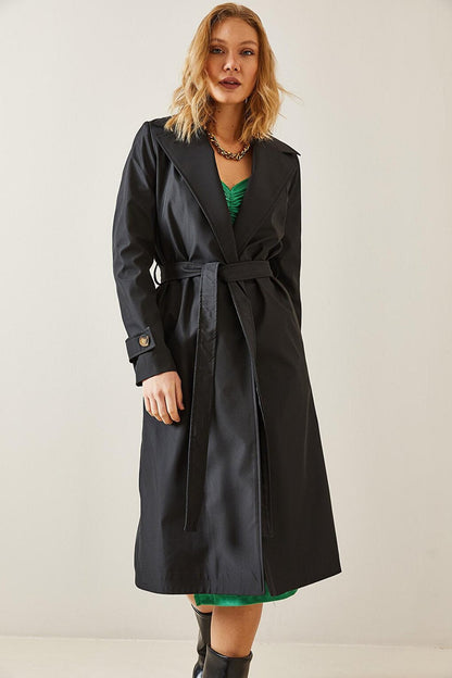 Black Double Breasted Collar Belted Trench Coat