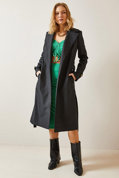 Black Double Breasted Collar Belted Trench Coat