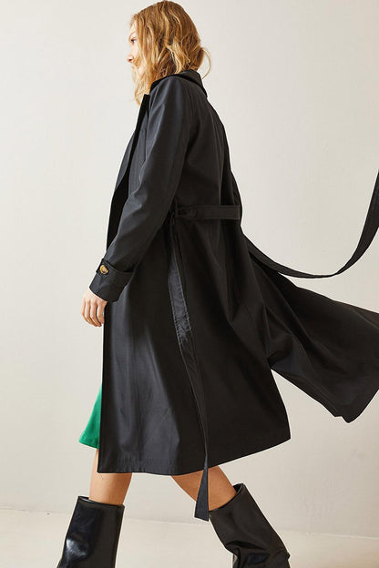 Black Double Breasted Collar Belted Trench Coat