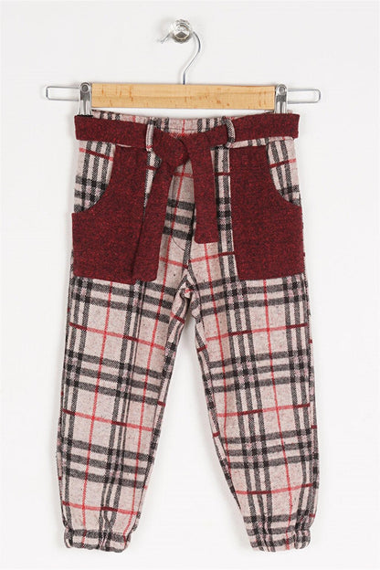 Girl's Plaid Patterned Belted Waist Trousers