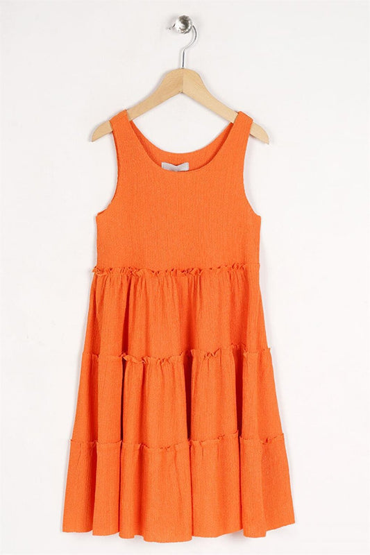 Girl's Orange Colored Elastic Waist Pleated Dress