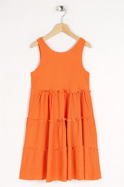 Girl's Orange Colored Elastic Waist Pleated Dress