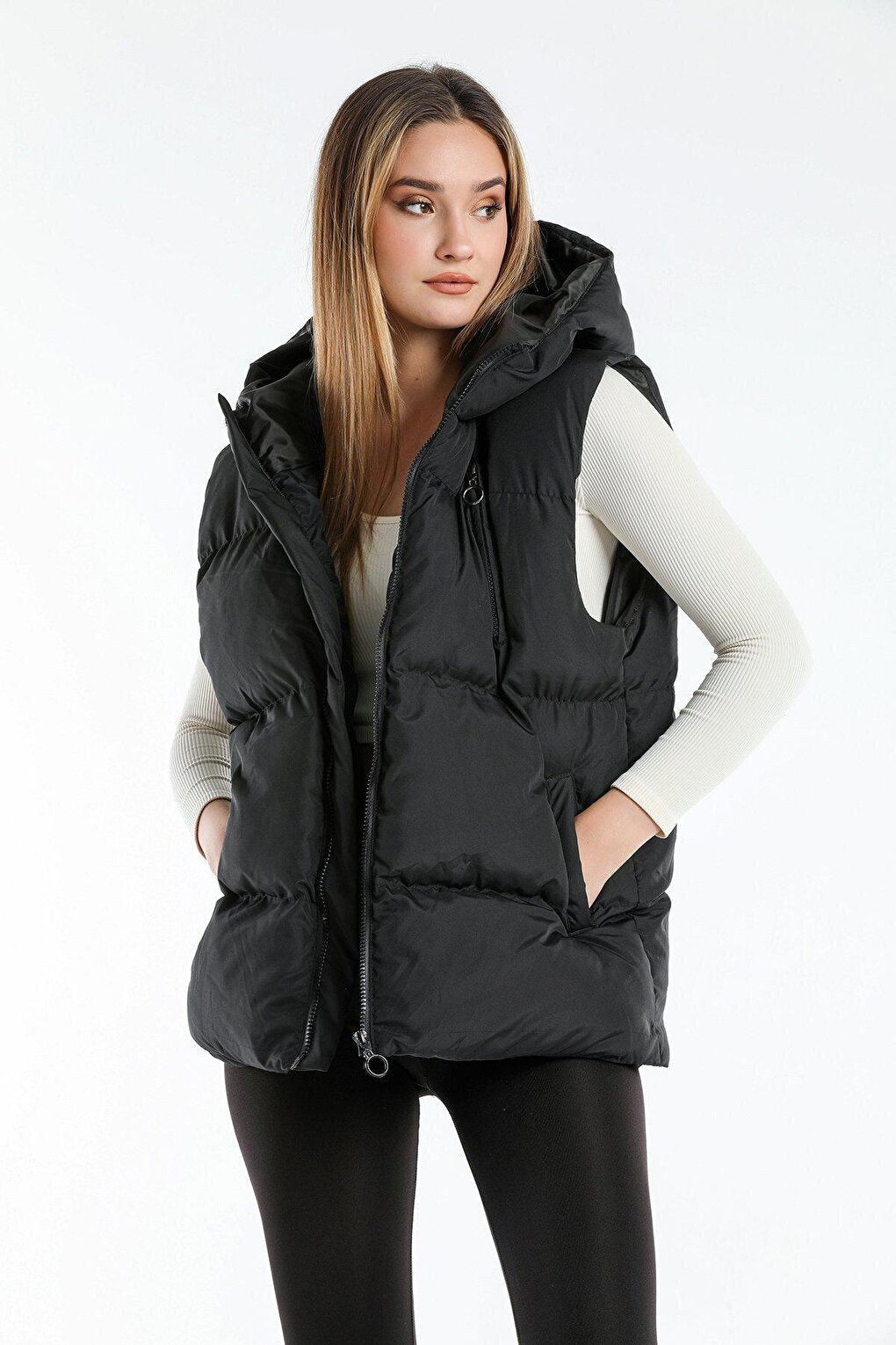 Hooded Puffer Vest with Pockets AC-K59058LNW