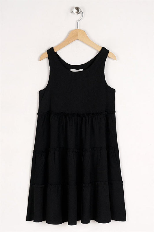 Girl's Black Colored Elastic Waist Pleated Dress