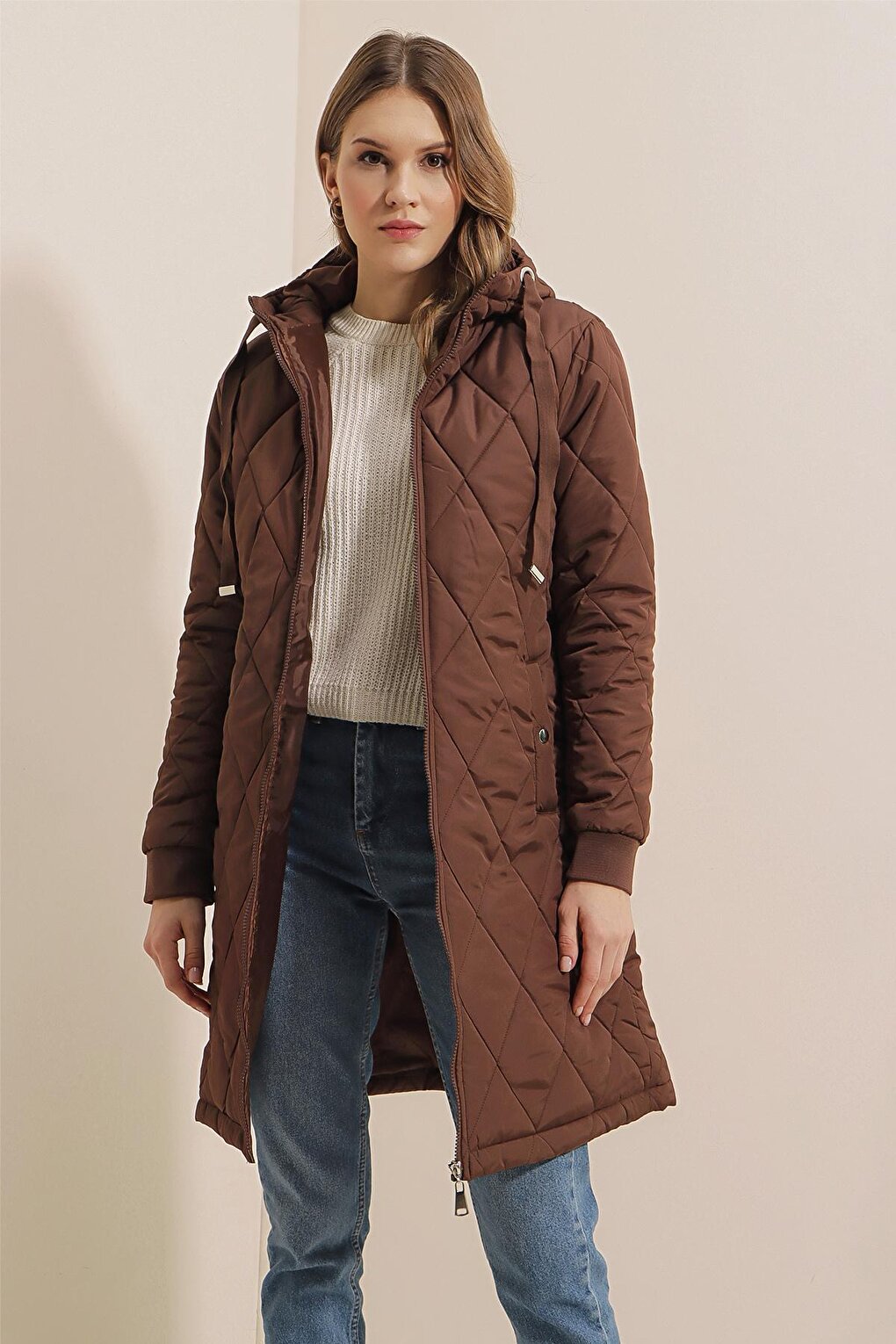 Women's Brown Hooded Zippered Puffer Coat