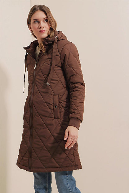 Women's Brown Hooded Zippered Puffer Coat