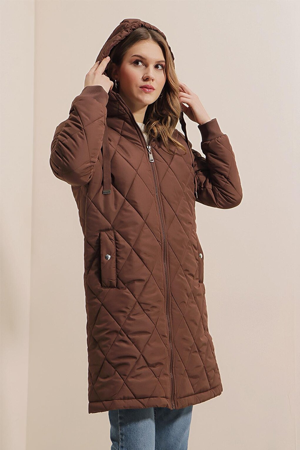 Women's Brown Hooded Zippered Puffer Coat