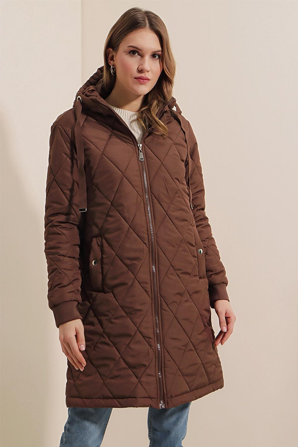 Women's Brown Hooded Zippered Puffer Coat