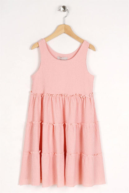 Pink Girl's Orange Colored Elastic Waist Pleated Dress