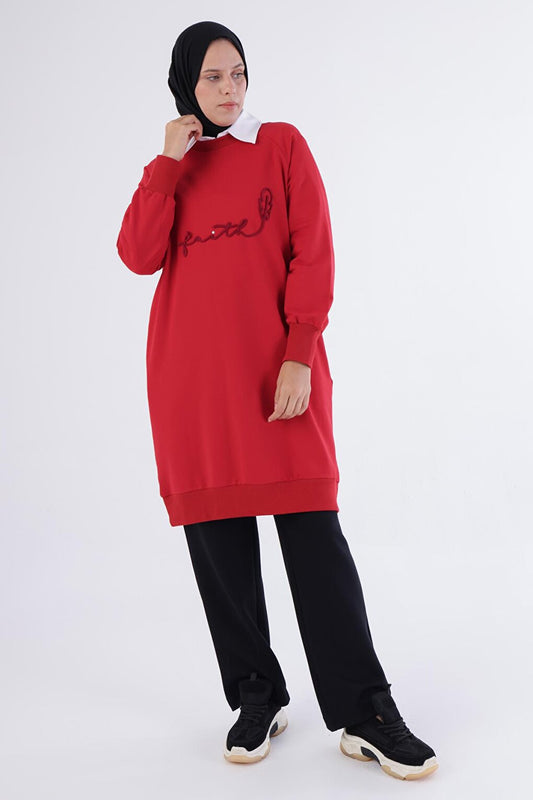 Red Faith Written Embroidered Sweat Tunic