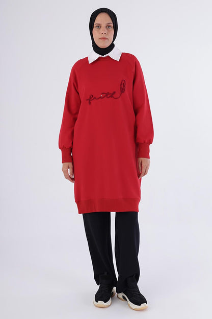 Red Faith Written Embroidered Sweat Tunic