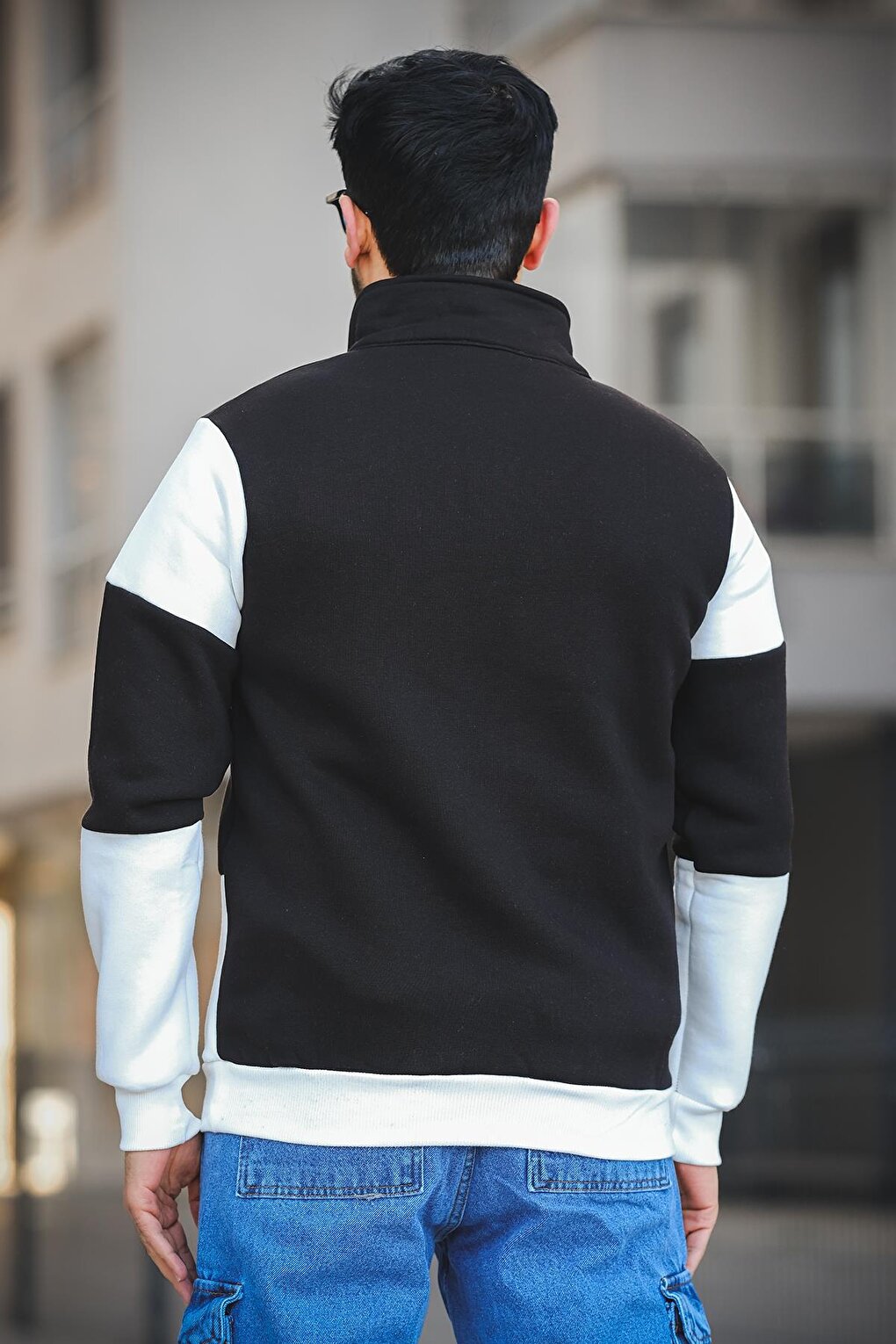 Three Thread Raised Piece Zipper Stand Collar Slim Fit Men's Sweatshirt