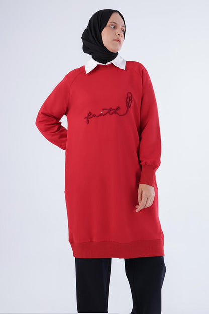 Red Faith Written Embroidered Sweat Tunic