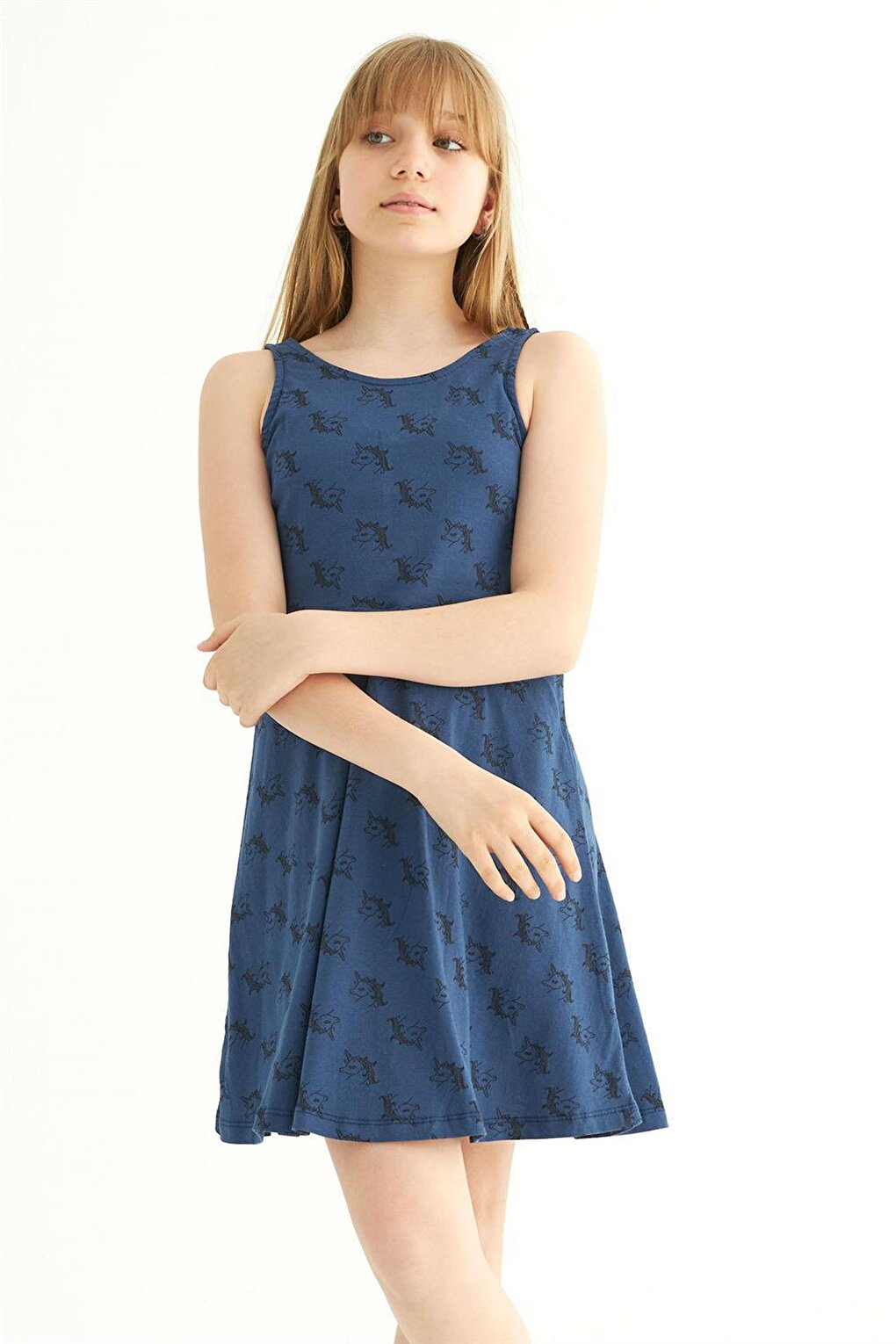 Girl's Unicorn Length Navy Blue Colored Strappy Dress