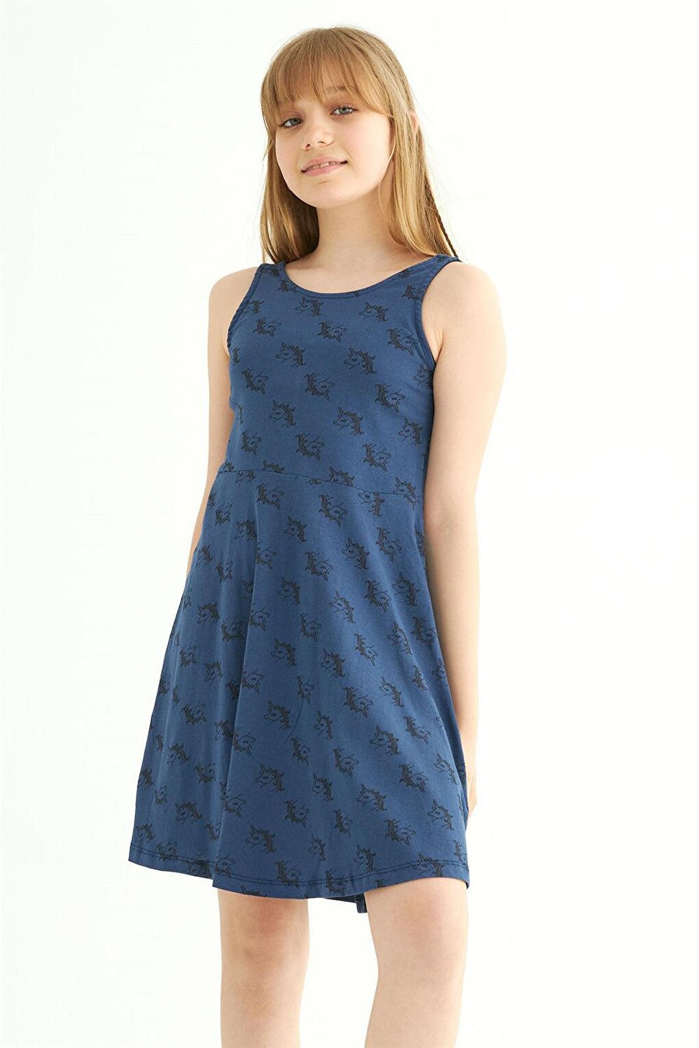 Girl's Unicorn Length Navy Blue Colored Strappy Dress