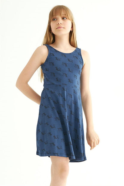 Girl's Unicorn Length Navy Blue Colored Strappy Dress