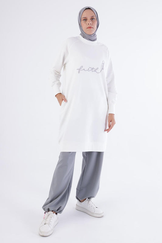 White Faith Written Embroidered Sweat Tunic